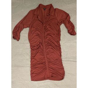 Torrid 1X Ruched Burnt Orange Long Sleeve Dress Buttons Knee Dress